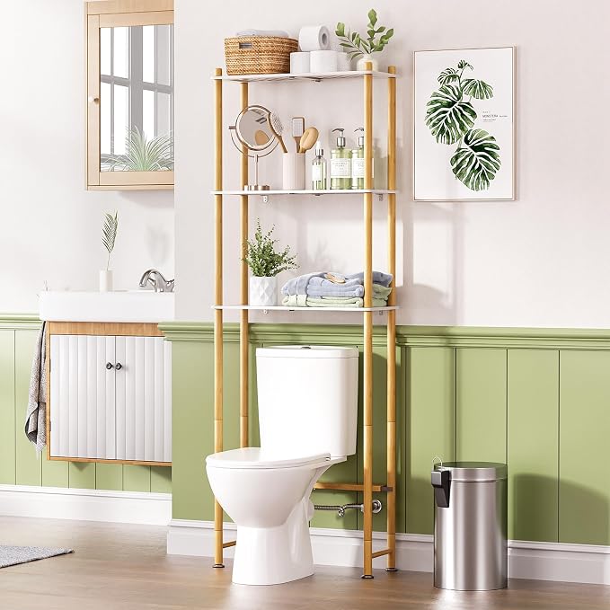 AmazerBath Bamboo Over The Toilet Storage Shelf, 3-Tier Bathroom Storage Organizer Shelf, Above Toilet Storage Rack, Space Saver, White and Natural Color by AmazerBath