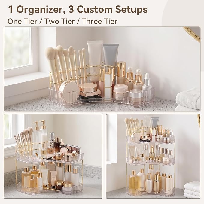3-Tier Corner Bathroom Counter Organizer with Makeup Brush Holder, Clear - Image 7
