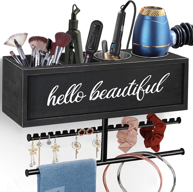 Rustic Hair Dryer Holder Wall Mounted,Hair Styling Tools & Accessories Organizer,Bathroom Supplies & hot Tools vanities Organizer Caddy,for Storage Flat Iron,Blow Dryer,Curling Iron,Towel by Ronjnndc
