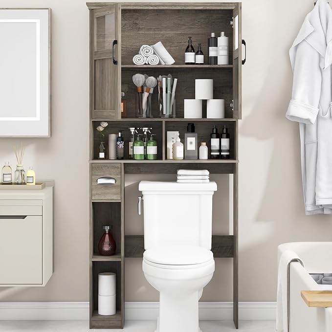 Vabches Over The Toilet Storage Cabinet with Doors & Paper Holder, Grey - Image 3