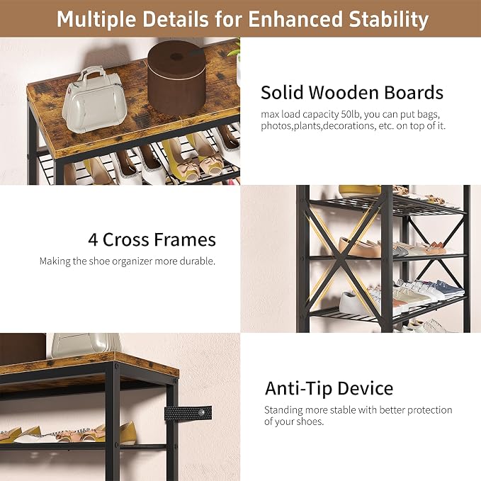 6-Tier Shoe Rack Organizer, Large Capacity Shoe Shelf with Metal Shelves, Holds up to 24 Pairs of Shoes, Shoe Storage for Entryway Closet Bedroom, Rustic Brown - Image 4
