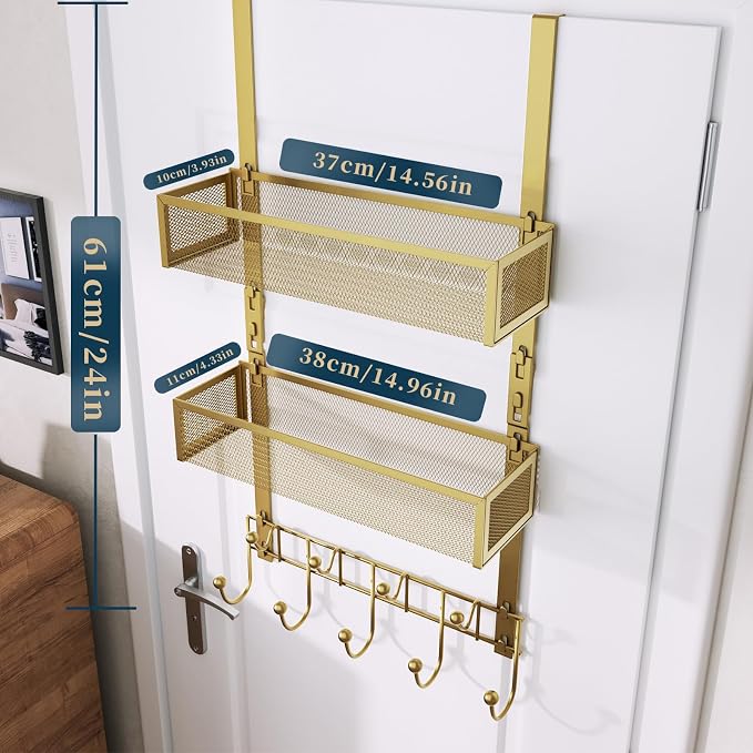 Consumest Over The Door Hooks Organizer - 3 Tier Door Hanger with 9 Coat Hooks & 2 Mesh Basket, Back Storage Organizer Hanging Towels for Bathroom, Bedroom, Gold - Image 8