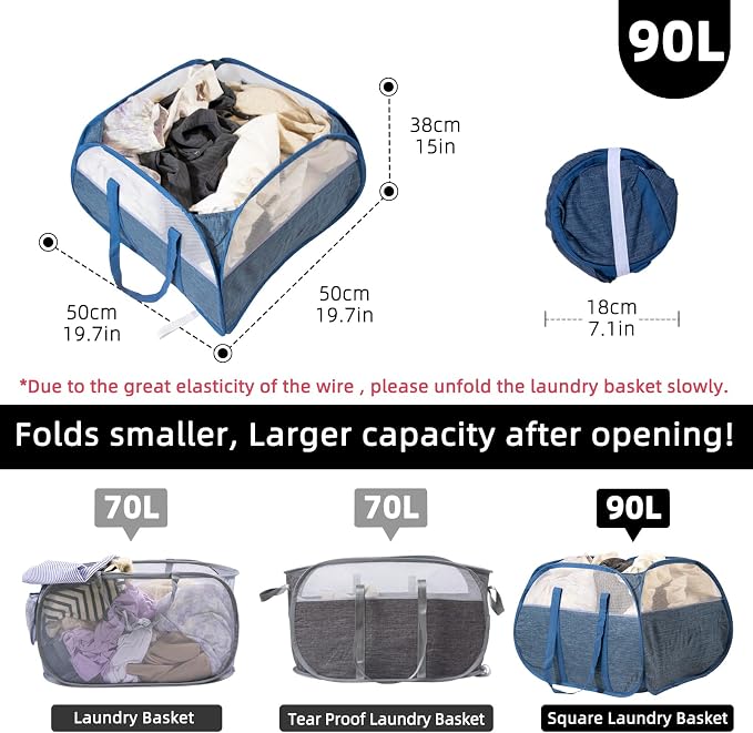Collapsible Laundry Basket, 90L Tear Proof Mesh Pop-up Hamper - Image 2
