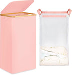 efluky 26 Gal Laundry Basket with Lid and Net Bag, Tall Laundry Hamper with Bamboo Handles, Aesthetic Dirty Clothes Bin for Laundry Room, Bathroom, Bedroom and Dorm, Pastel‌ by efluky