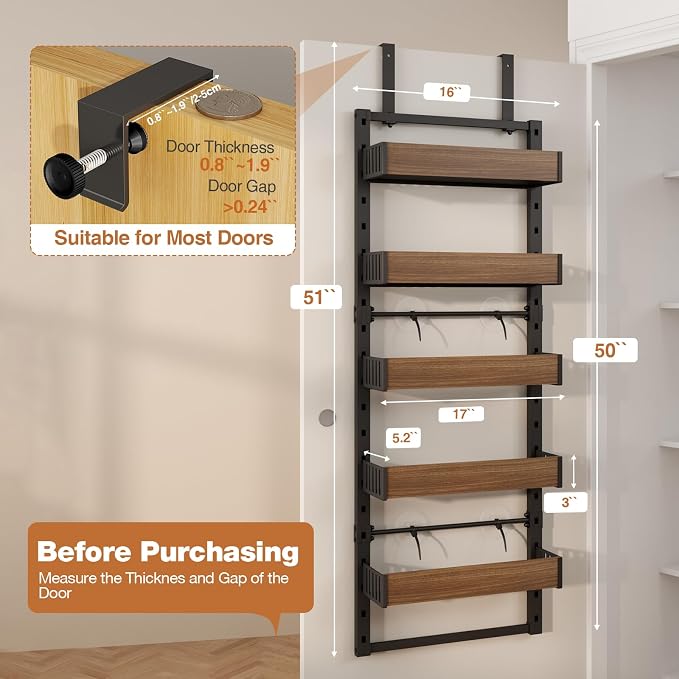 5 Tier Over the Door Pantry Organizer with Adjustable Wooden Baskets, Heavy Duty 2 in 1 Wall Mounted & Hanging Spice Rack for Kitchen, Cabinet and Closet Organization - Image 2