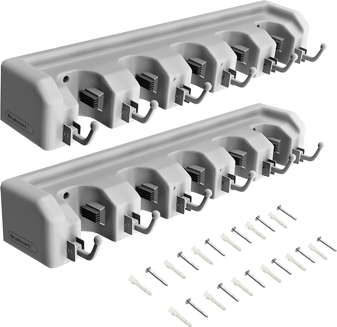 Garden Tool Organizer Wall Mount Broom and Mop Holder, 5 Adjustable Slots and 6 Hooks Utility Rack for Garage or Home Organization, 2-Pack by Stalwart - Image 4
