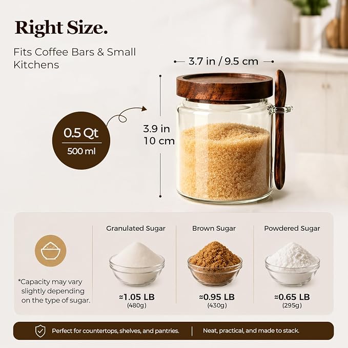 ComSaf Sugar Jars with Acacia wood Lids and Spoons 0.5Qt 2Pack, Decorative - Image 4