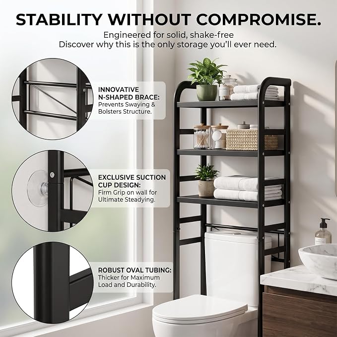 PureBox Over The Toilet Storage Rack,Heavy Duty Oval Tube Frame,21" W,Black - Image 4