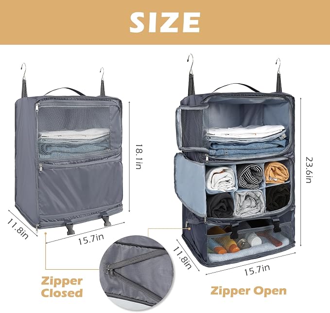 Surblue Hanging Travel Shelves Compression Packing Cube for Carry-on Luggage Suitcase Collapsible with Extension Layer Large Capacity, Grey, XXL - Image 5