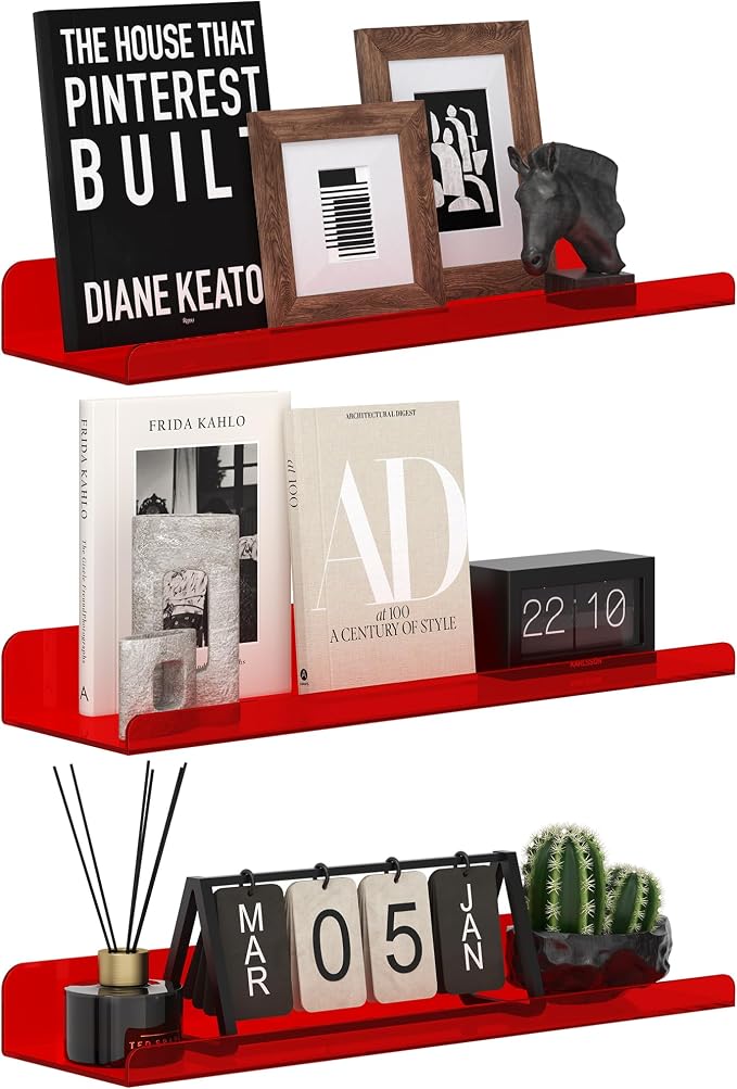 Qukaka Floating Shelves for Wall Decor, 15" Wall Shelves for Bedroom, Living Room, Kitchen, Bathroom Decor, Nail Polish/Book/Decoration/Makeup/Perfume Organizer Floating Shelf-3Pack Clear Red by QukakaHomeCare
