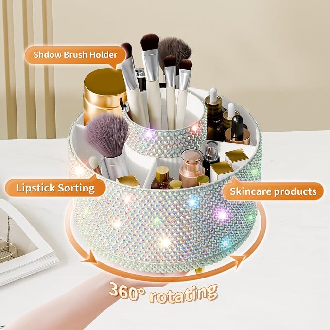 fanado Bling 360° Rotate Makeup Brush Holder Organizer, Makeup Organizers Countertop, Makeup organization and Skincare Storage for Vanity, Gift for Women Girls (Bling dz-White AB) - Image 2