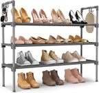LANTEFUL 3 Tier Shoe Rack for Closet, Shoe Organizer with 5 Hooks, Long Shoe Shelf Storage for Shoe and Boot Stackable Free Standing Shoe Rack for Entryway, Garage, Small Spaces, Dorm, Grey by LANTEFULforTidyingHouse