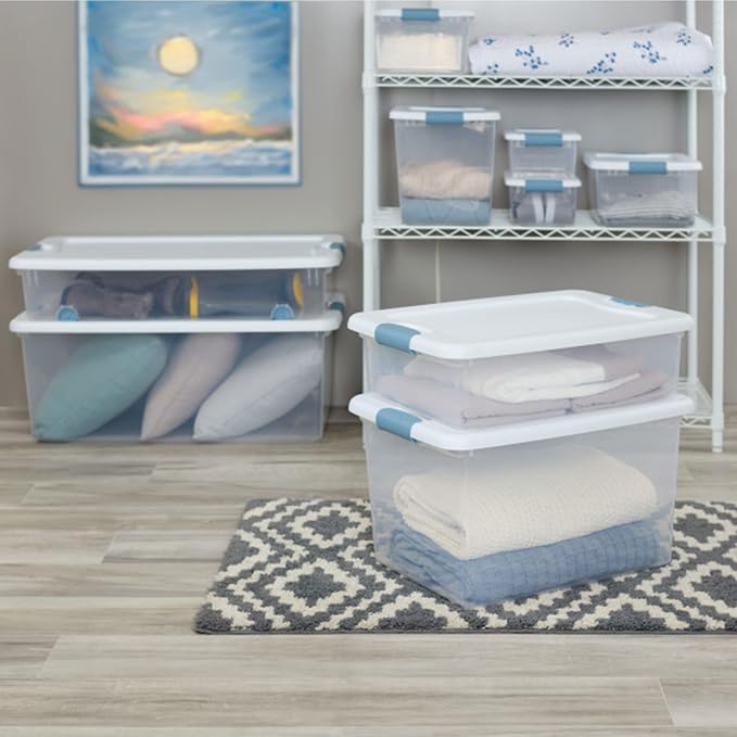 Sterilite 25 Qt Latching Storage Box, Stackable Bin with Latch Lid, Plastic Container to Organize Closet Shelf, Clear with White Lid, 12-Pack | Heavy-Duty and Stackable Plastic Containers with Latches for Closet, Cabinet, Bedroom, Bathroom and Dorm Roo... - Image 4