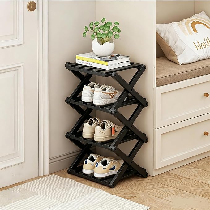 4 Tier Foldable Shoe Rack, Bamboo Vertical Shoe Organizer Tall for Multifunctional Narrow Shoe Shelf for Entryway, Closet, Corner, Bedroom, Hallway(Black) by XZXWZX