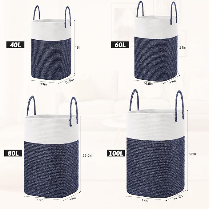 Laundry Basket,Woven Cotton Rope Laundry Hamper,Versatile Storage for Dirty Clothes,Baby Toys,and Blankets in Bathroom, Nursery,and Living Room (Blue, 100L) - Image 3