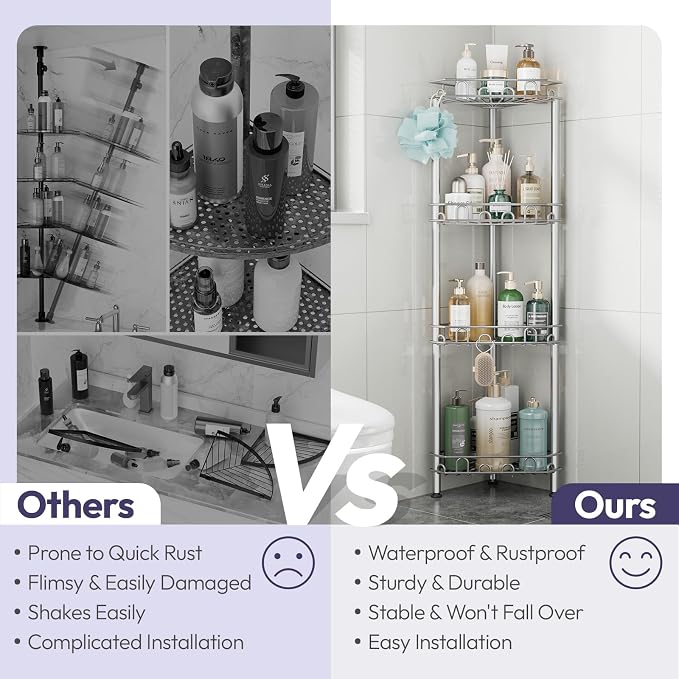 SWTYMIKI Standing Shower Caddy Corner - 4‑Tier Stainless Steel Shower Organizer Shelf with 12 Hooks and Adhesive Pads, Rustproof Corner Shelves Stand Rack for Bathroom Shower Room, Silver - Image 2