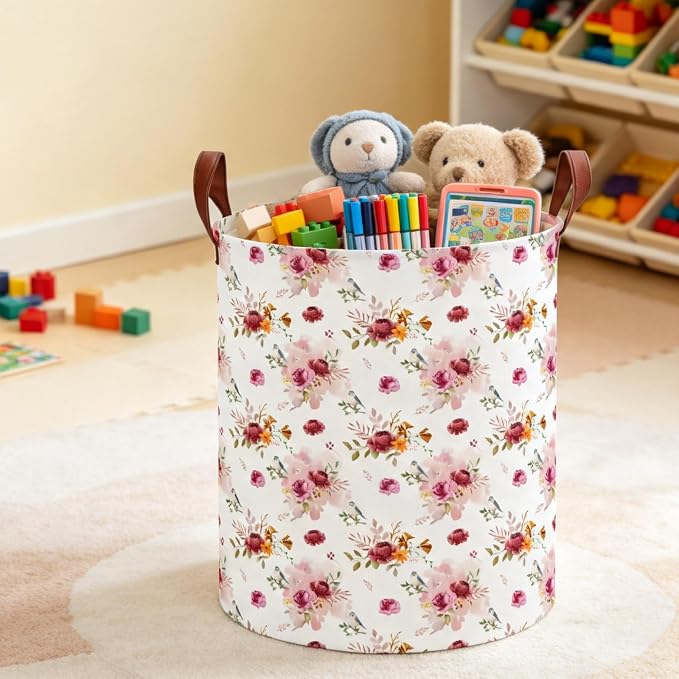62L Vintage Rose Floral Laundry Hamper with Durable Leather Handle,Collapsible Storage Bin(Retro Pink Flowers） - Image 5