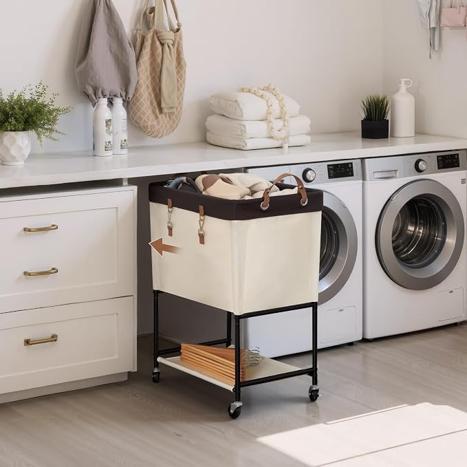 StorageWorks Laundry Cart, 2 Tier Rolling Basket with Wheels, 29 Gal, Beige - Image 7
