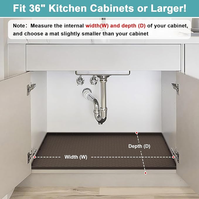 Under Sink Tray for Kitchen Waterproof, Silicone Under Kitchen Sink Mats and Protectors for 34" x 22" Cabinets, Under Sink Tray Organizer, Shelf Liner Cabinet Liner for Bathroom, Brown - Image 3