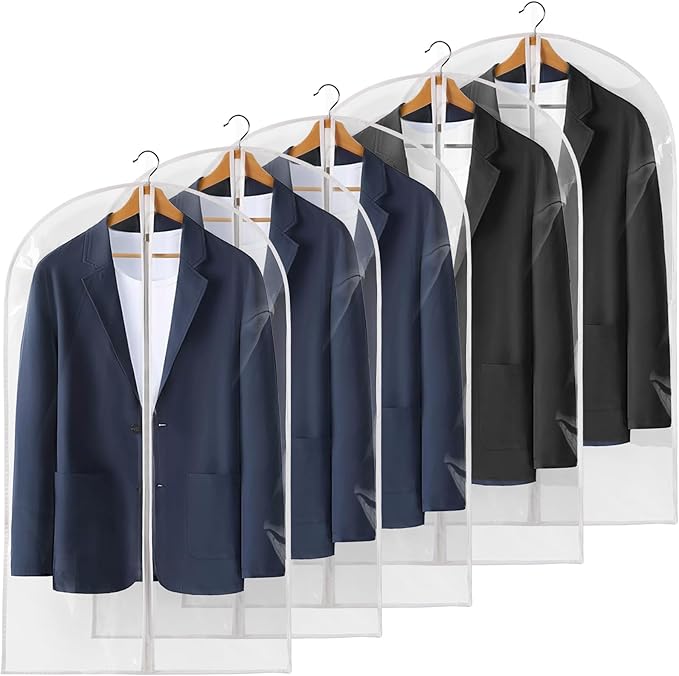 40" All Clear Garment Bags for Hanging Clothes, 5 Packs Suit Bags for Closet Storage, Plastic Waterproof Suit Cover Bags with Zipper for Coats, Jackets, Shirts (Set of 5) by Perber