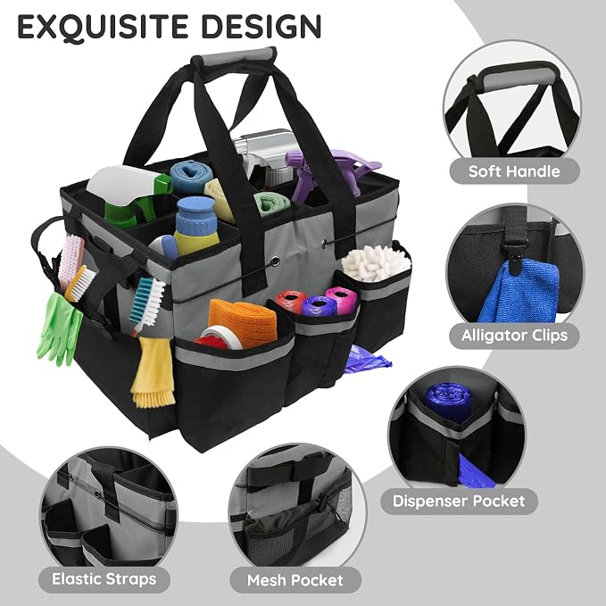 ZKOO Large Cleaning Caddy Bag with Handle, Built-in Sturdy Support Board, Adjustable Shoulder Strap, Multi-compartment Design Cleaning Supply Tote for Cleaners & Housekeepers (Gray) - Image 3