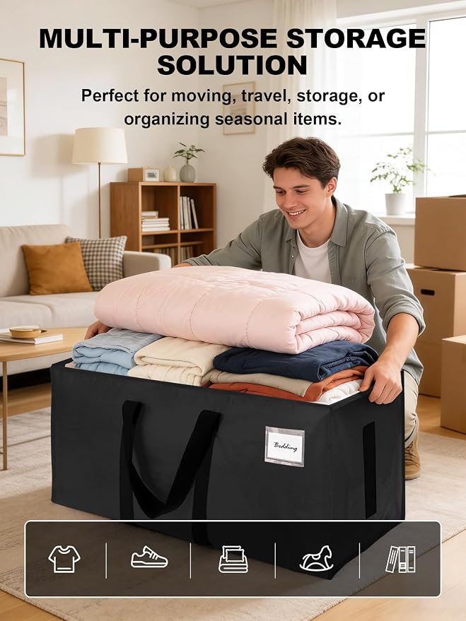 HOMESURE Supports 200lbs Heavy Duty Moving Bags - Strong Zipper & Wrap-Around Handles - Water-Resistant Storage Totes, Durable Alternative to Moving Boxes - 40 Pack - Black - Image 4