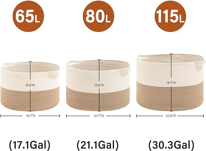 Foldable Laundry Hamper Basket with Collapsible Handle Cotton Rope Soft Woven Fabric Storage Organizer Clothes Toys Nursery Bedroom Dorm Space Saving Bin (White & Brown, 115L(23.6"D x 15.7"H)) - Image 8