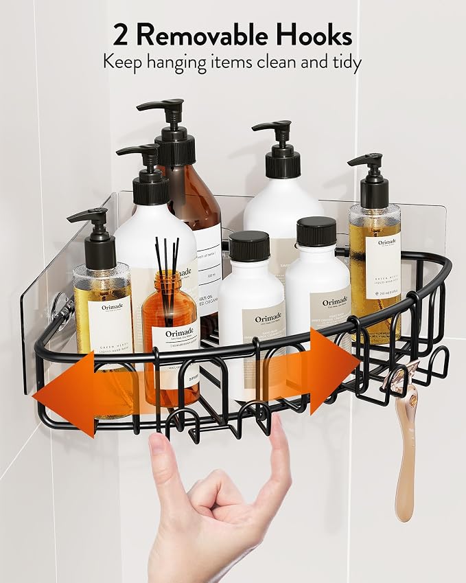 Orimade Corner Shower Caddy with 2 Hooks Wall Mounted Metal Bathroom Shelf Storage Organizer Adhesive No Drilling 2 Pack, Black Only for 90-Degree Corner - Image 5
