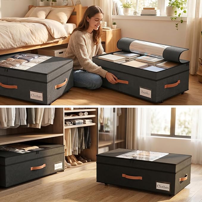 TOSKING 2-Pack Under Bed Storage Drawers with Wheels, 6 Vacuum Bags, Adjustable Height 7.9-10.2", Large 90L/80 lbs Clear Lid, 900D Oxford, Space Saver for Dorm Bedroom, Blankets, Clothes, Shoes, Black - Image 6