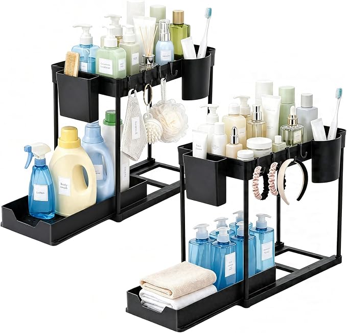 Under Sink Organizer for Bathroom/Kitchen, Large Capacity with Hooks & Cups by Trdongxu