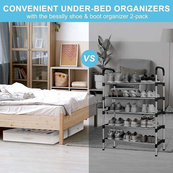 Under Bed Shoe Storage Organizer for Closet, 32 Pairs Sturdy Underbed Shoe Storage Boxes Bins Container Foldable Shoes Storage with Reinforced Handles & Clear Window for College Dorms Beige, Set of 2 - Image 6