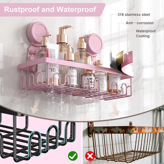 JOTPE Pink Suction Cup Shower Caddy, 2 Pack Bathroom Organizer with Hooks - Image 6