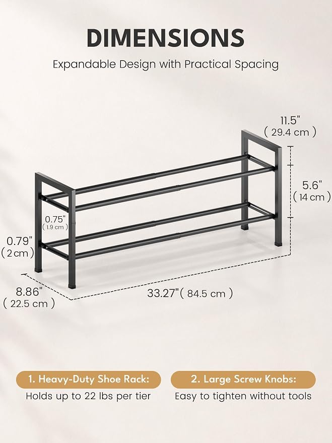 Bumusty 2 Tier Expandable Shoe Rack for Closet, Black | 18"-33" Adjustable Shoe Rack for Entryway, Small Shoe Organizer for Dorm, Front Door, Sturdy Metal - Image 2