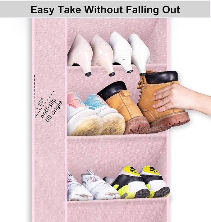SLEEPING LAMB Over The Door Shoe Organizer for Closet with Large Deep Pockets, Narrow Shoe Rack for Door Hanging Boots Storage, Pink - Image 6