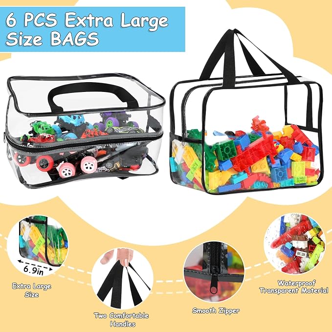 6 Pcs XL Toy Storage Bags Widen Waterproof Clear Toy Organizer with Labels - Image 3