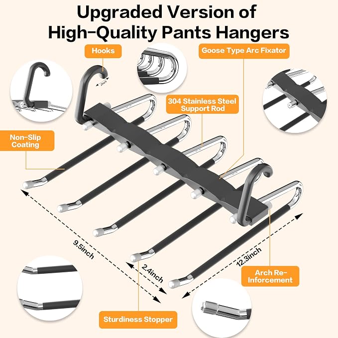 Pants Hangers Space Saving - 4 PCS Closet Organizer and Storage Jean Hangers, Stainless Steel Anti-Slip Clothes Hanger Scarf Holder Pants for Jeans Leggings Trousers Rack for Back to School, Black - Image 5