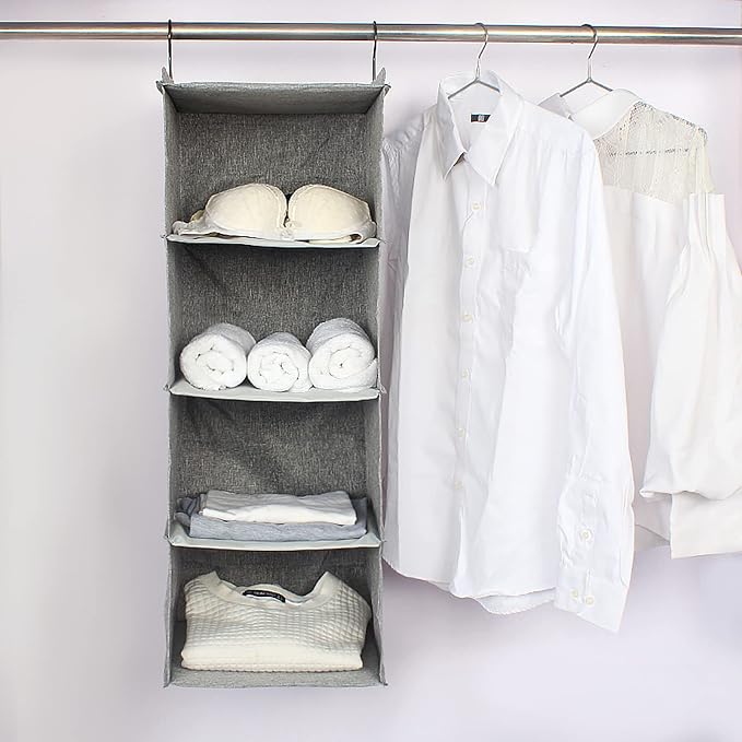 Hanging Closet Organizer 4-Shelf, Oxford Linen Wardrobe Storage, Gray | Easy-mount foldable design holds clothes, handbags, shoes & accessories; washable Oxford fabric, sturdy and space-saving. - Image 7
