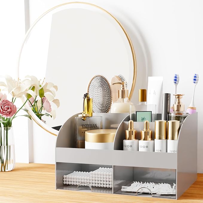 Makeup Organizer with Drawers, Cosmetic Storage for Dresser Vanity and Bathroom Countertop, Beauty Holder for Lipstick Brush, Skincare Organizer for Vanity, Cosmetic Display Case (Grey) - Image 3