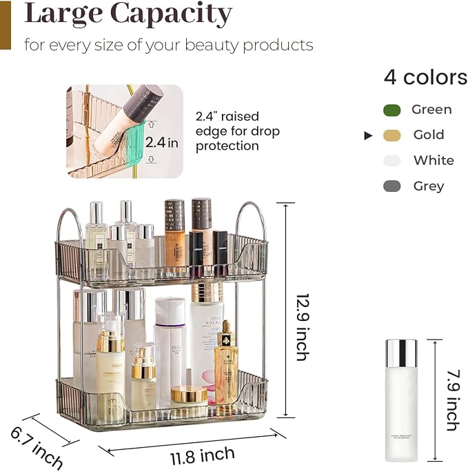 Aveniee Bathroom Counter Organizer Countertop, Makeup Perfume Shelf Storage, 2 Tier Skincare Cosmetic Tray for Dresser Vanity - Grey - Image 3