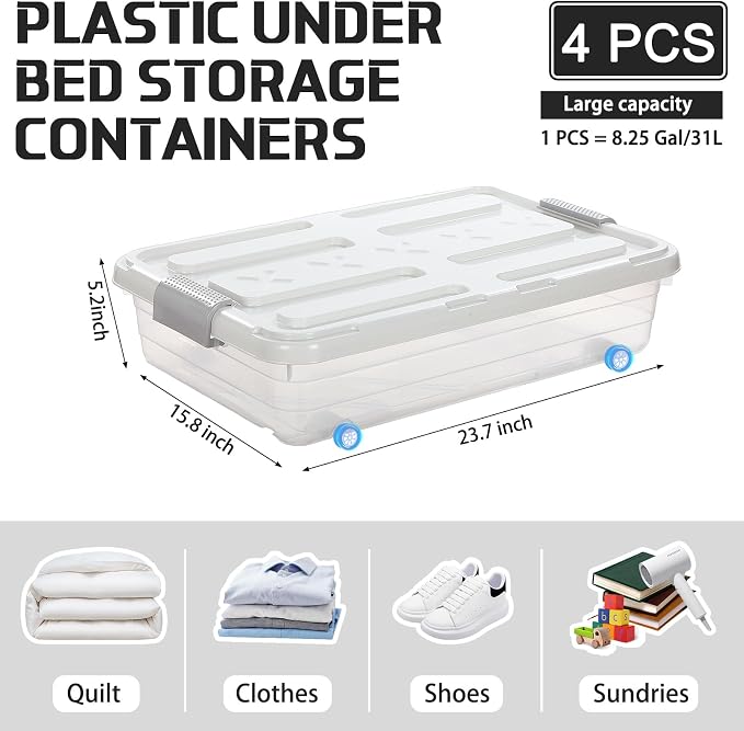 Beeveer 4 Pcs Plastic Under Bed Storage Containers with Lid Wheel Handle, Transparent Large Capacity Stackable Latching Storage Bins for Closet Bedroom Clothes Shoes Blanket(23.7 x 15.8 x 5.2,White) - Image 2