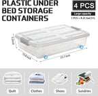 Beeveer 4 Pcs Plastic Under Bed Storage Containers with Lid Wheel Handle, Transparent Large Capacity Stackable Latching Storage Bins for Closet Bedroom Clothes Shoes Blanket(23.7 x 15.8 x 5.2,White) - Image 2