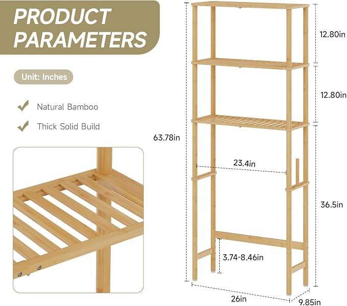Over The Toilet Storage,3-Tier Bamboo Bathroom Shelf with Paper Holder - Image 3