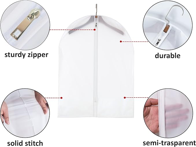 MsKitchen 6 Pack Short Garment Bags (24x31") - Dustproof Covers for Kids Clothes - Durable PEVA Storage Bags with Sturdy Zipper for Dance Costumes, Tops & Folded Pants (Translucent) - Image 3