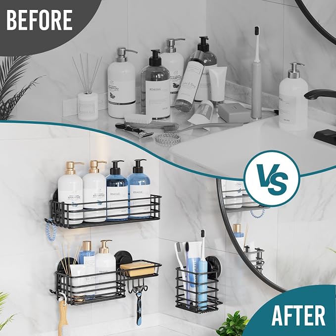 TAILI Shower Caddy Suction Cup, 3 Pack Shelves for Inside with Hooks, Black - Image 6