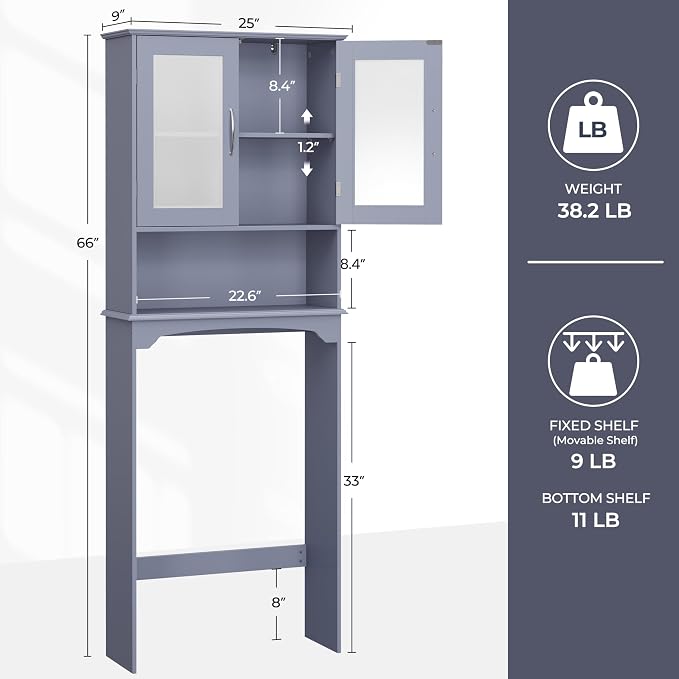 Yaheetech Slim Over the Toilet Storage Cabinet, Frosted Glass Doors, Gray - Image 3
