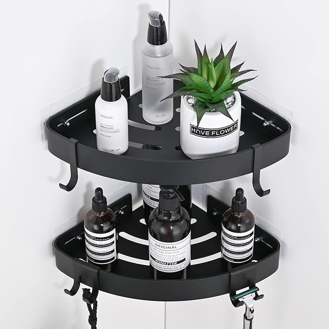 DUFU Adhesive Corner Shower Caddy with Hooks, Black, 2 Pack by DUFU