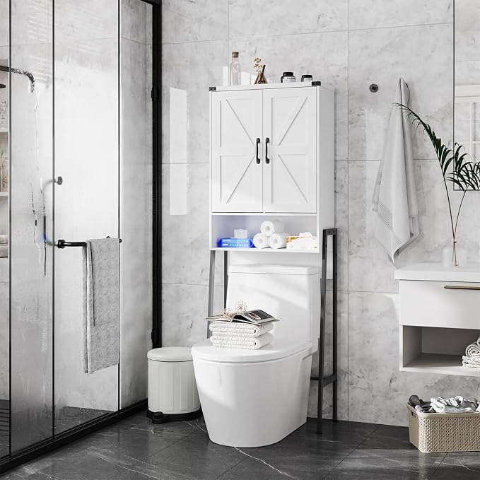 Vabches Over The Toilet Storage Cabinet with 2-Door Design Bathroom Organizers and Storage with Anti-Tip Device Over Toilet Organizer with Shelves for Bathroom,Restroom,Laundry White - Image 3