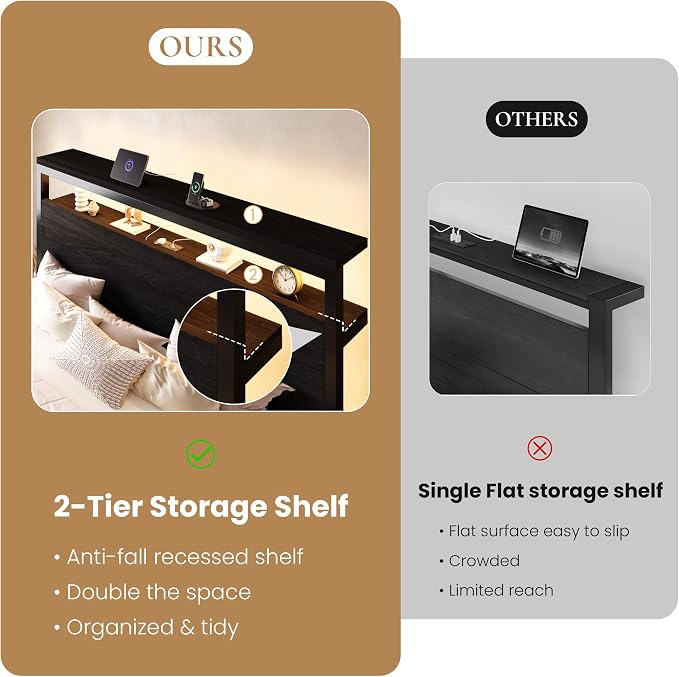 SHA CERLIN King Bed Frame, 2-Tier Storage Headboard, LED, Charging Station - Image 5