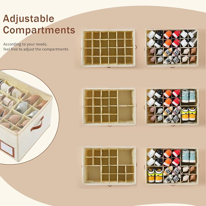INSTY 1 Pack Shoe Organizer for Closet, Shoe Storage Organizer, Adjustable Dividers for Shoe Storage, Fabric Shoe Storage Bins with Clear Cover, Beige - Image 4