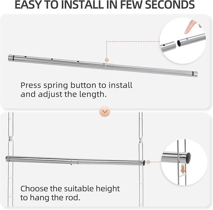 STORAGE MANIAC Hanging Closet Rod, Adjustable Width and Height Closet Hanging Organizer, Space-Saving Clothes Hanging Bar, Closet Extender Hanging Rod Double Closet Hanging Rod, 2 Pack Chrome - Image 4
